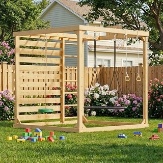 Backyard Playground Set with Rock Climbing Wall, Dual Climbing Ladders, Flying Saucer Swing & Gym Rings, Solid Cedar Wood Frame