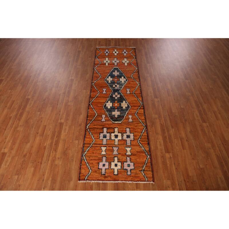 Orange Moroccan Oriental Runner Rug Handmade Tribal Wool Carpet - 2'11" x 9'10"