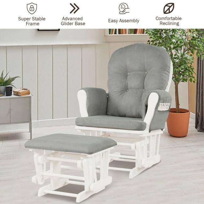 Solid Wood Gliding Chair Set with Pockets and Ottoman for Relaxing