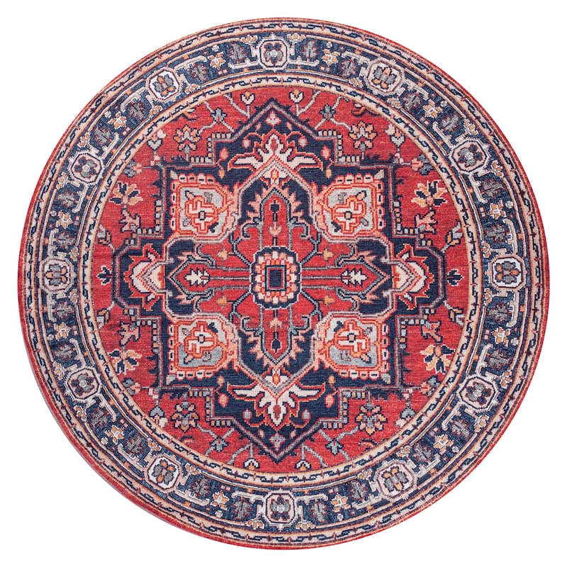 JONATHAN Y Cirali Ornate Large Medallion Machine Washable Area Rug - 6' Round - Red/Navy