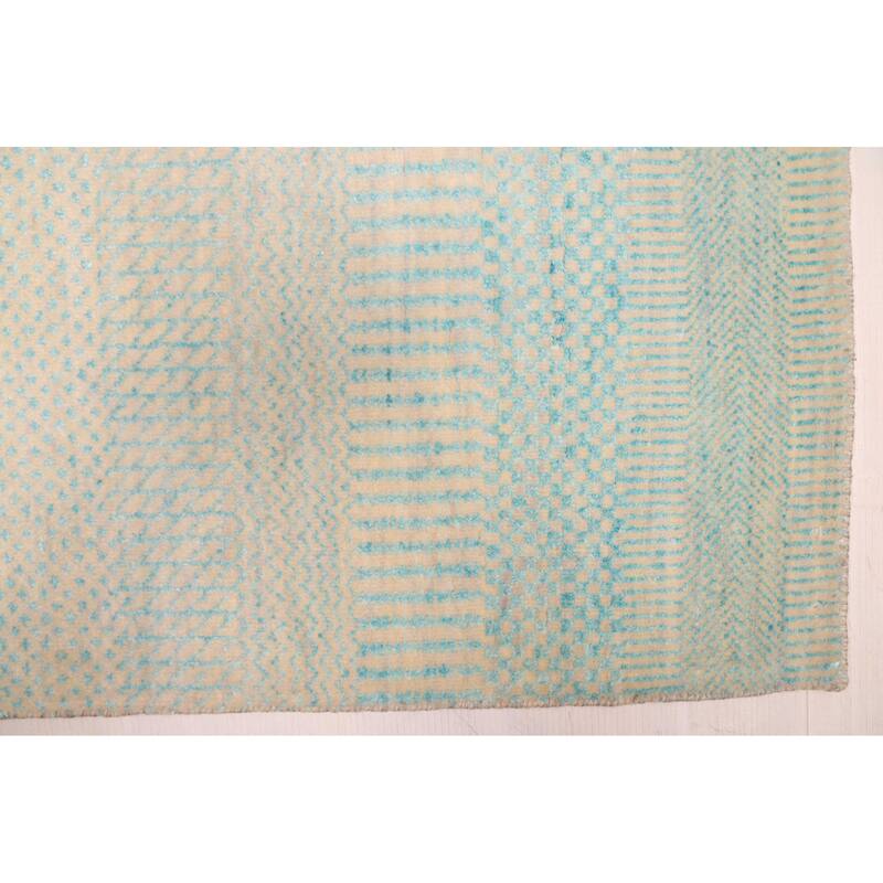 ECARPETGALLERY Hand-knotted Finest Silk Shadow Cyan Silk, Wool Rug - 2'7 x 12'3