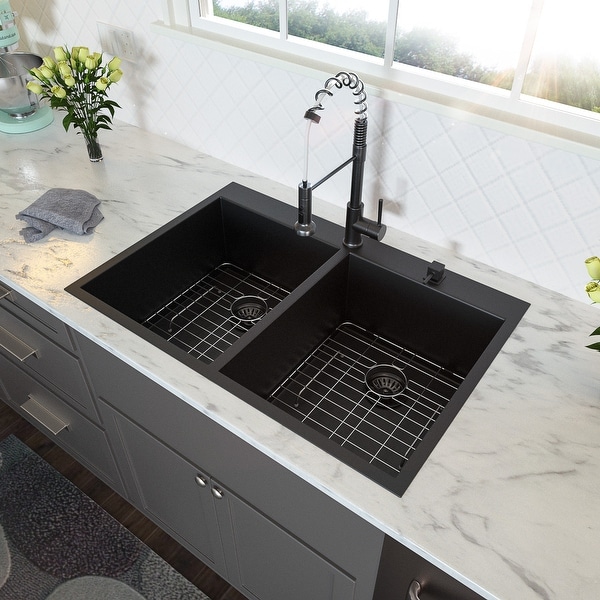 Top Mount R10 Round Corner Double Bowl Stainless Steel Kitchen Drop-in Sink with Strainer and Bottom Rinse Grid. Opens flyout.