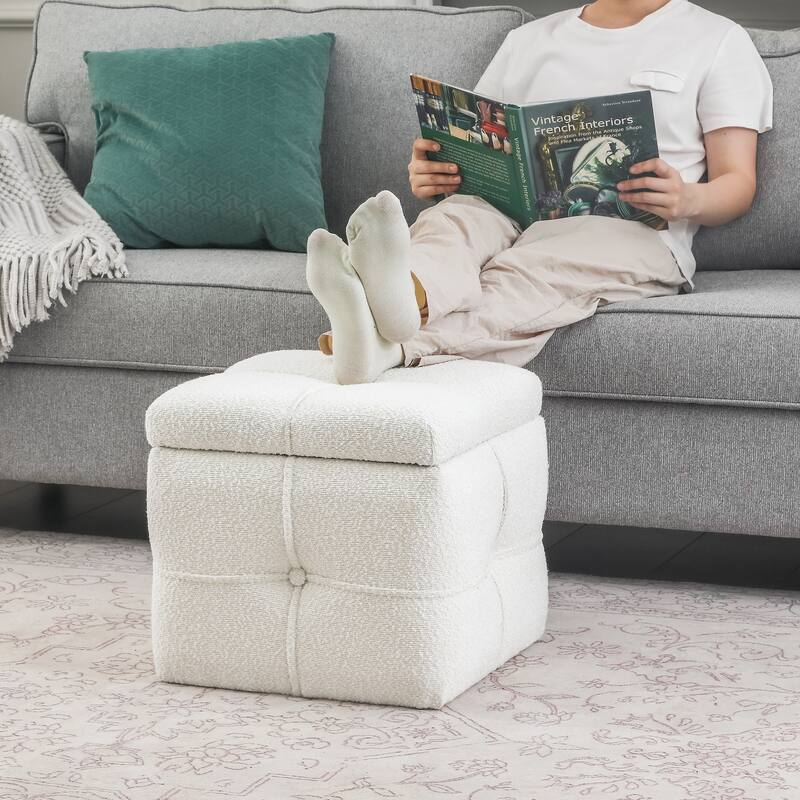 Adeco Boucle Storage Ottoman Footstool for Living Room