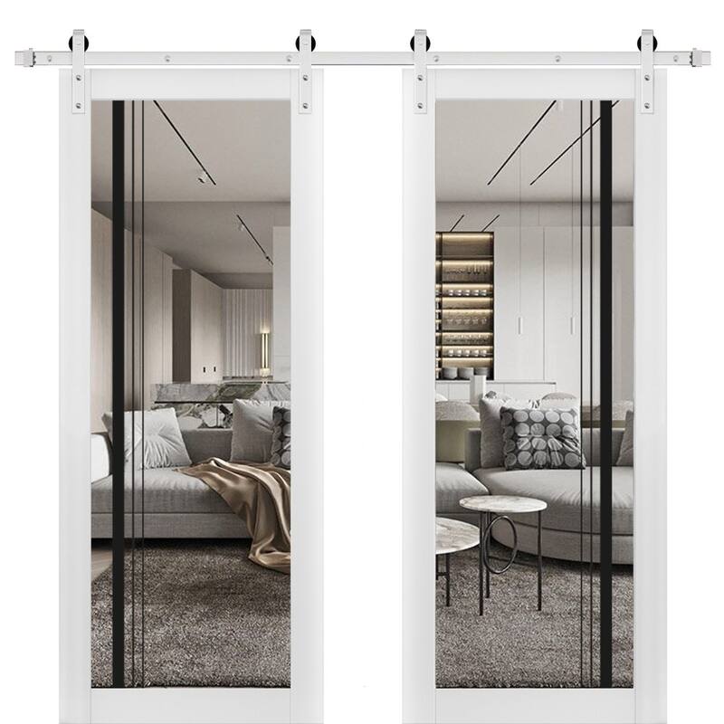 Sturdy Double Barn Door 36 x 80 Lucia 2566 White Silk Clear Glass 13FT - White - 36" x 96" ( 2* 18x96)