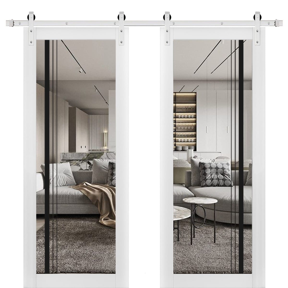 SartoDoors Lucia 2566 | Closet Door Double Barn Door | Solid Wood w/ Glass | Hardware Set | 36x80, White Silk Bedroom Door