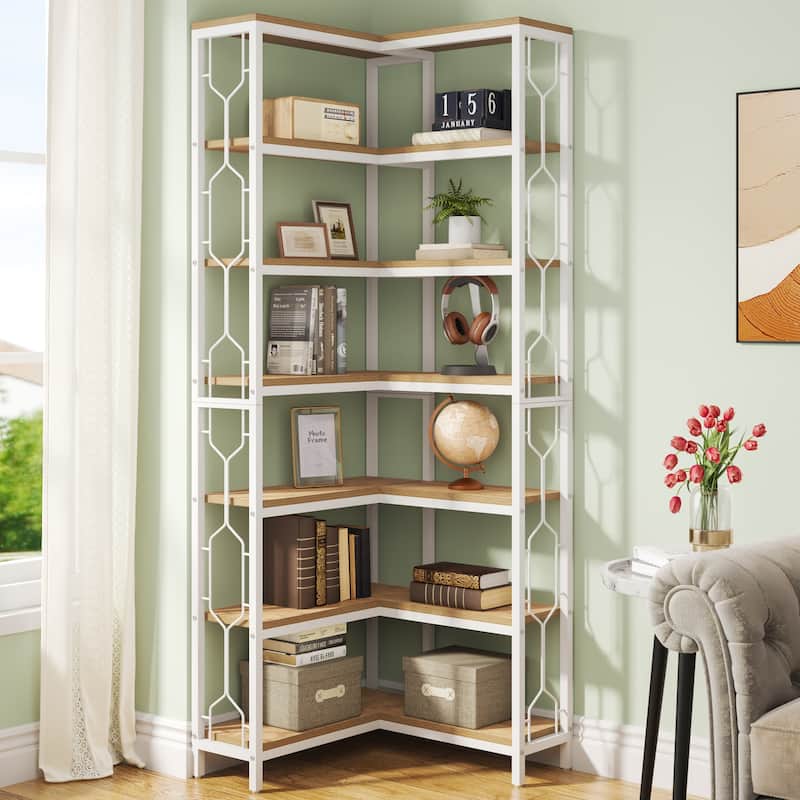 7-Tier Corner Bookshelf, White Corner Shelf Modern Etagere Bookcase - White/Brown