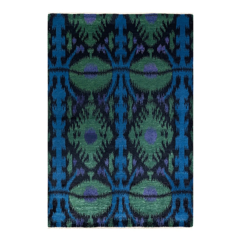 Overton Hand Knotted Wool Contemporary Ikat Black Area Rug - 6' x 9' - Black - 6' x 9'