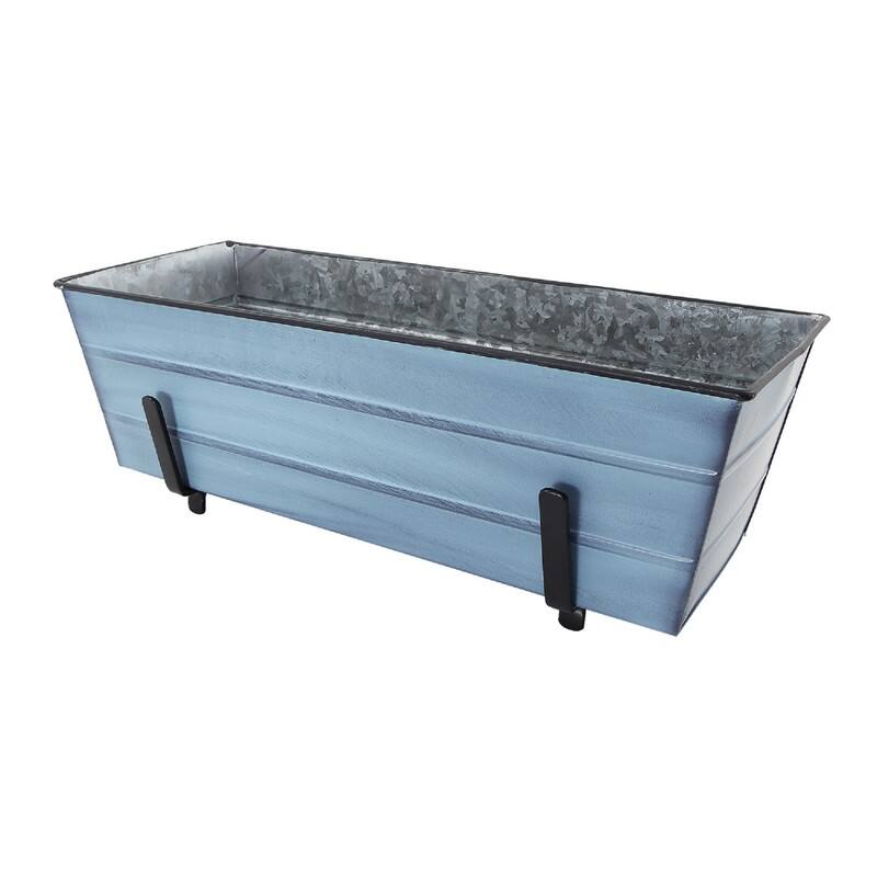 Achla Designs Medium Galvanized Steel Flower Box Planter With Brackets for 2 x 6 Railings, 24 Inch Wide - Nantucket Blue