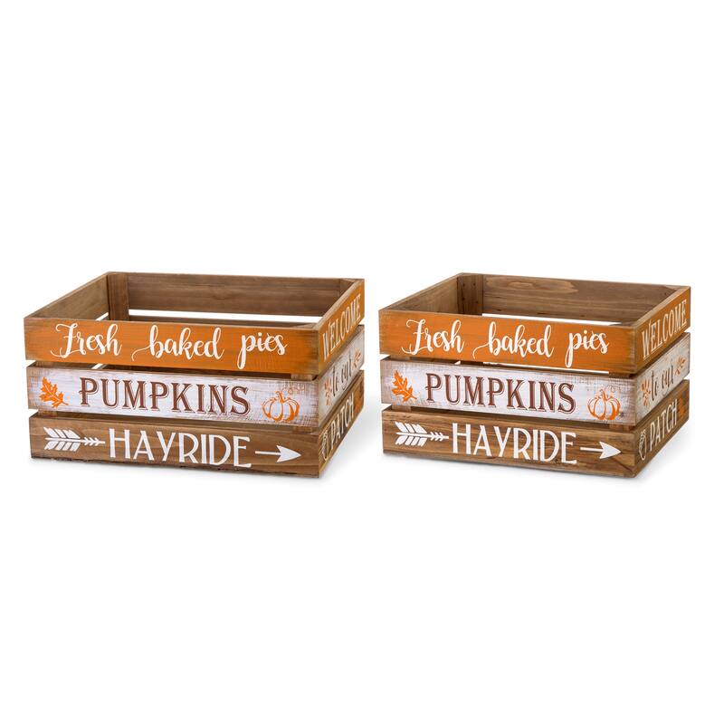 Glitzhome Set of 2 Fall Harvest Wood Crate Farmhouse Autumn Decorative Storage Gift Boxes Porch Decor