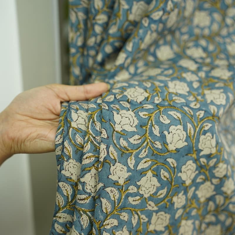 Fabdivine Handmade Soft Pure Linen Fabric Eyelet Curtain Block Print Floral Drape