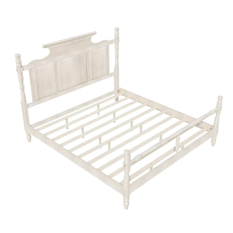 Vintage Country Style Queen/King Platform Bed with 56.9" High Crown-like Headboard, Wood Four-Post Bed Frame w/Distressed Finish