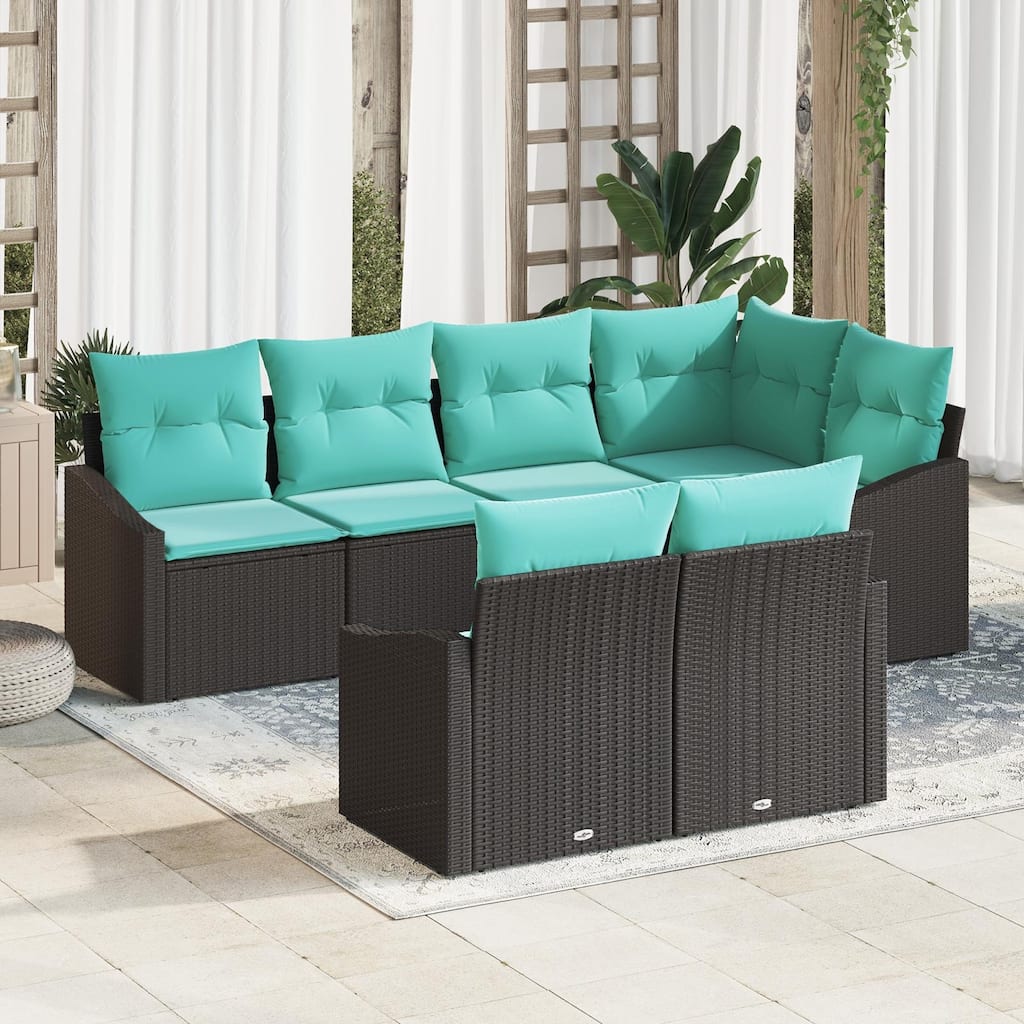 vidaXL 7 Garden Sofa Set with Cushions Black Poly Rattan - 91.9 x 48.6 x 27.2