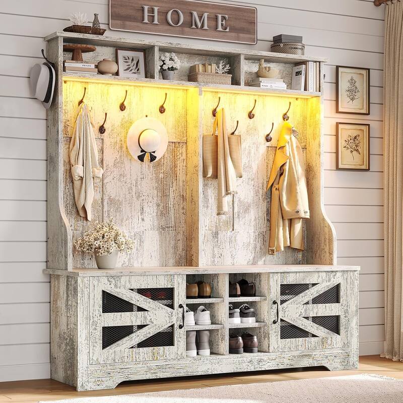 Hall Tree w/ Bench Shoe Storage Shoe Cubby Barn Door Adjustable Shelf - 59.1" - Antique White