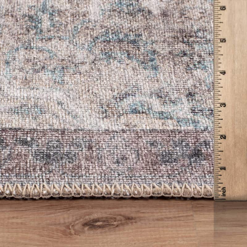 Beige Floral Medallion Washable Rug - Low Pile, Non-Slip