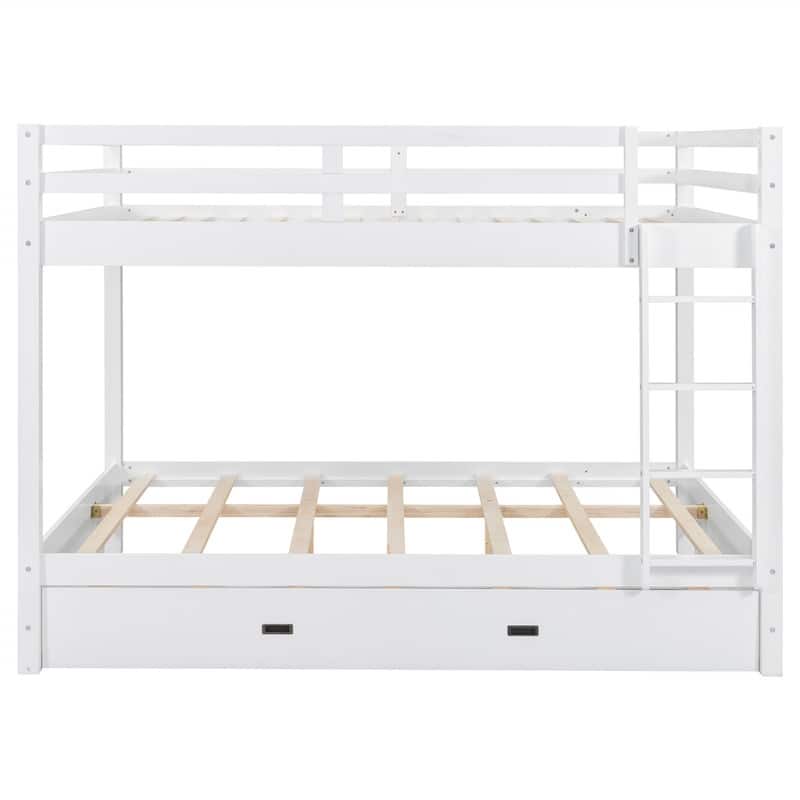 Queen Over Queen Size Bunk Bed with Twin XL Size Trundle, Solid Wood Bunk Bedframe with Ladder and Guardrail for Kids