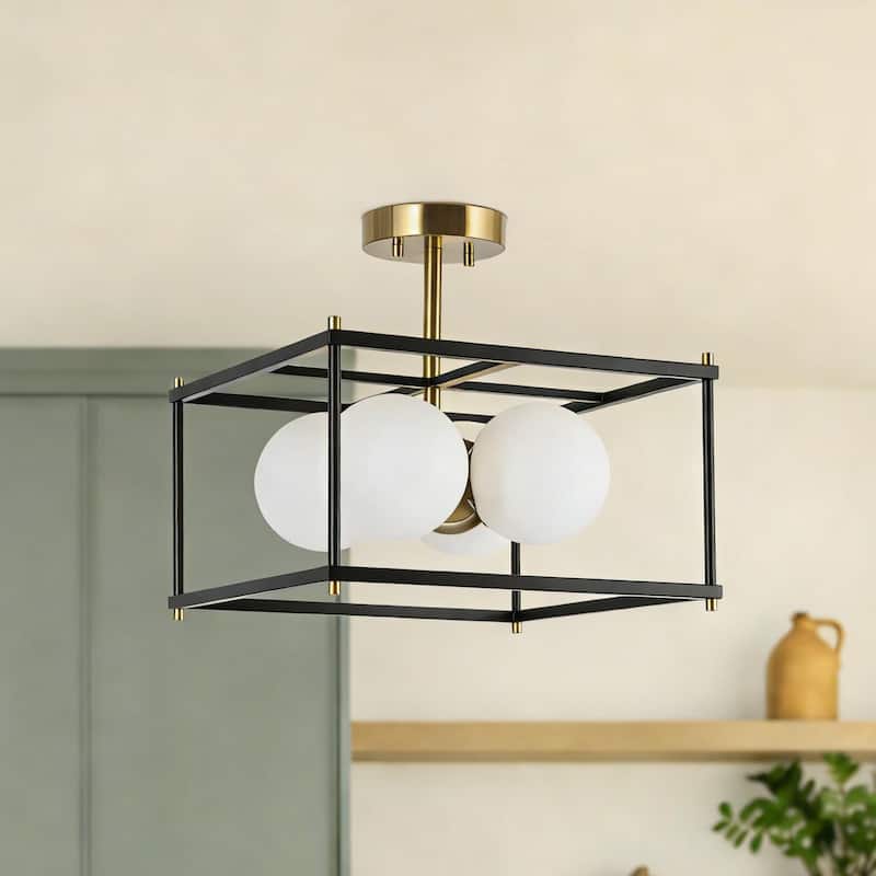 Modern 4-Light Black Gold Chandelier Square Semi Flush Mount Frosted Glass Ceiling Light for Kitchen - L13.5" x W13.5" x H13.5"