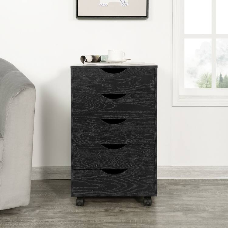 5 Drawers Chest, Wood Storage Dresser with Wheels, Craft Storage Organizer and Storage Drawer Office Drawer Unit
