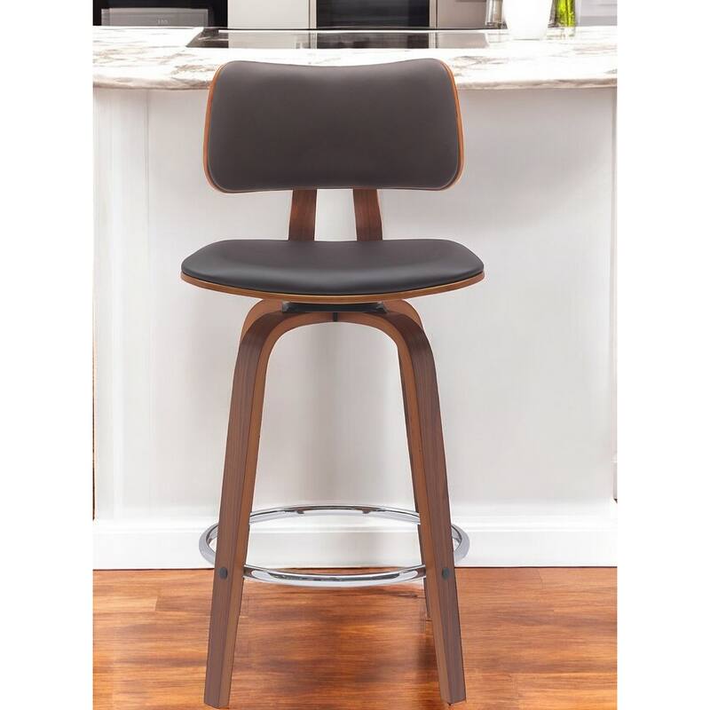 26" Brown And Wood Brown Faux Leather Swivel Low Back Counter Height Bar Chair - Brown