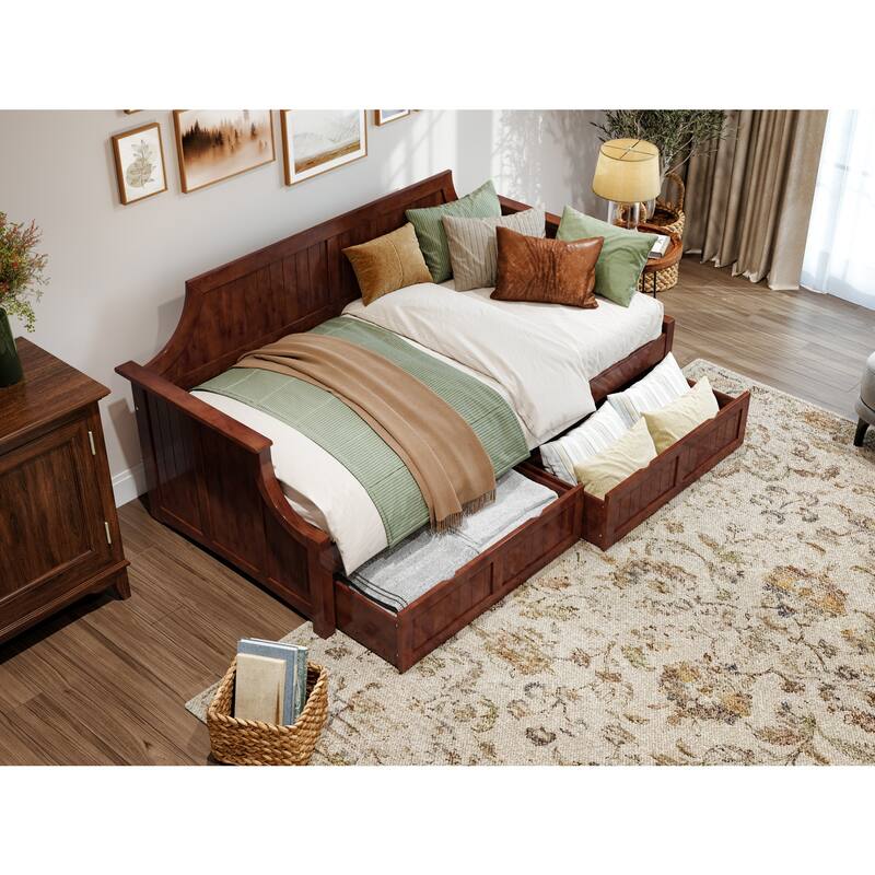 Twin Daybed with Drawers - Walnut Wood Frame, Curved Back, Underbed Storage