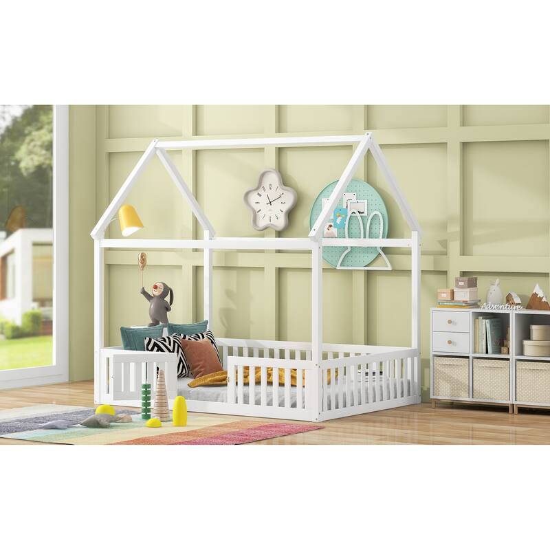 Full Size White Wood House Bed with Fence and Door for Kids