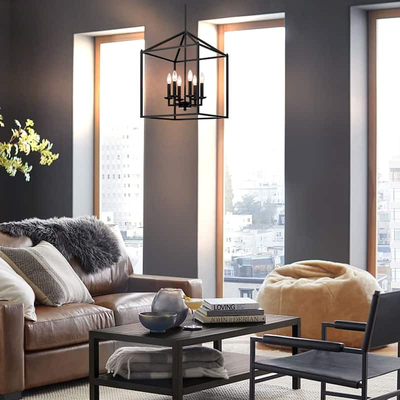 6-light pendant with black finish and steel cage shade