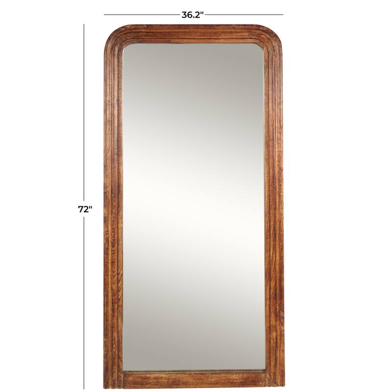 Brown Mango Wood Distressed Room Floor Mirror with Carved Grooves and Natural Wood Grain