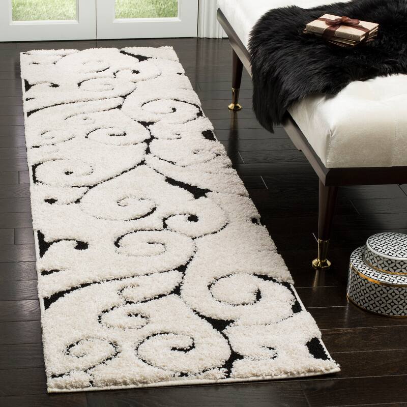 SAFAVIEH Florida Shag Shahin Scroll 1.2-inch Thick Textured Rug - 2'3" x 8' Runner - Ivory/Black