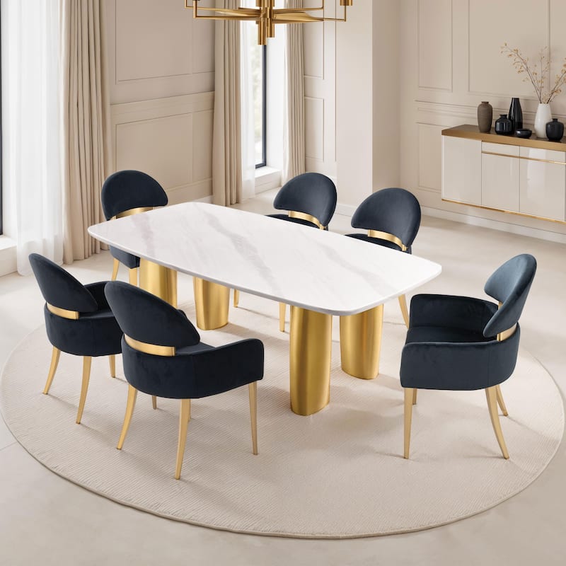 Furniture of America Luvien Modern 7-Piece Sintered Stone Top Dining Table Set - White Top with Black Chairs