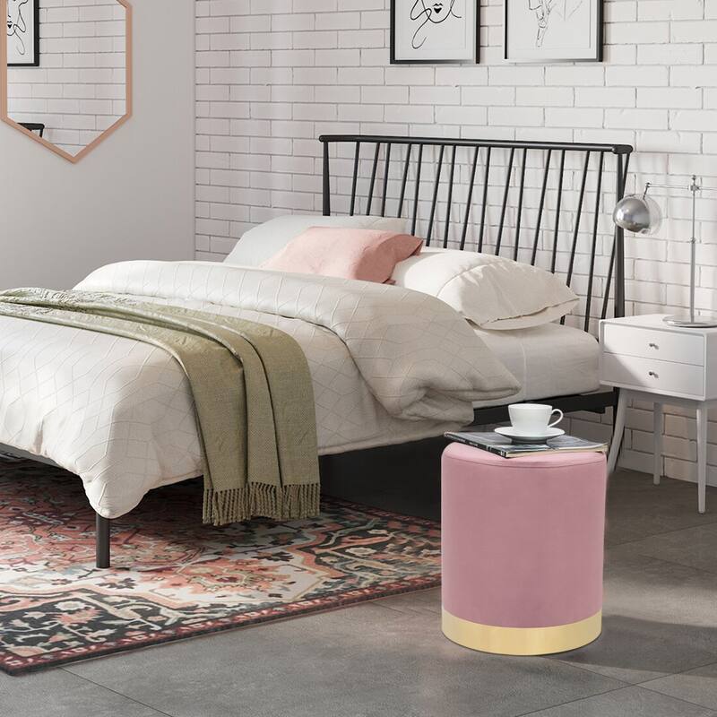 Adeco Round Ottoman Footstool Velvet Padded Vanity Stool Gold Trim