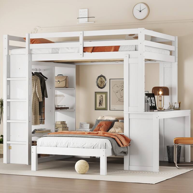 Full Over Twin Bunk Bed with Built-in Desk, Shelves and Wardrobe, Wood Bunk Bed Frame with Platform Bed and Loft Bed