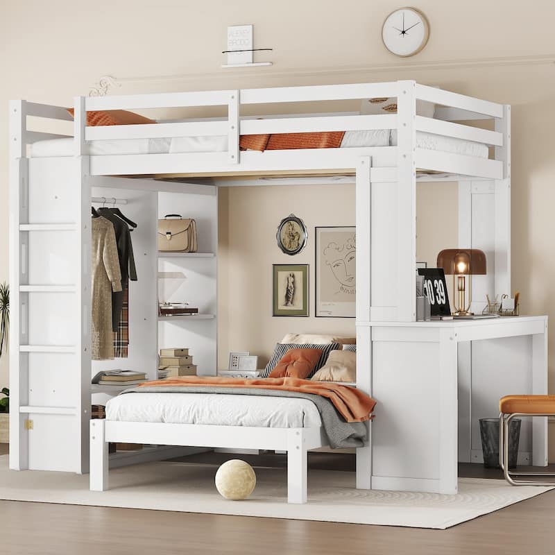 Solid Wood Full XL/Twin Bunk Bed with Dismountable Lower Bed, Built-in Desk, Shelves, and Wardrobe, Converts to Loft Bed, White - White
