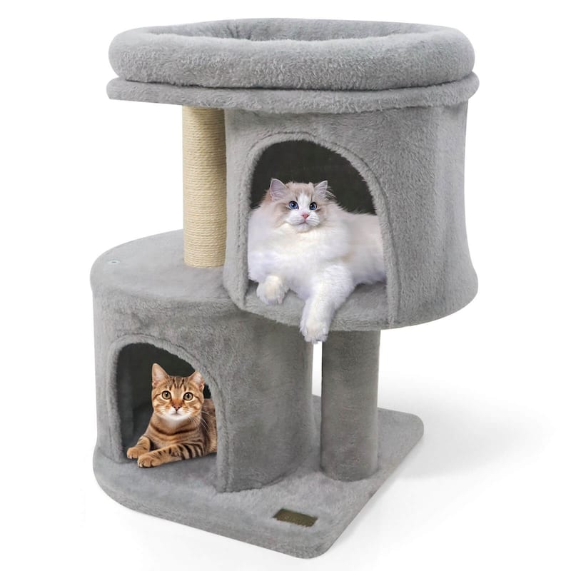 Costway 26” Small Cat Tree with Large Padded Plush Perch, 2 Condos, - See Details - Light Gray