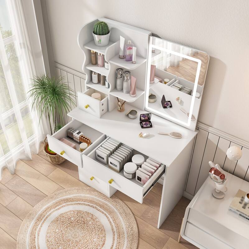 Vanity Desk with Sliding Mirror and Lights White Makeup Vanities with 5 Drawers ，movable and hidden mirror