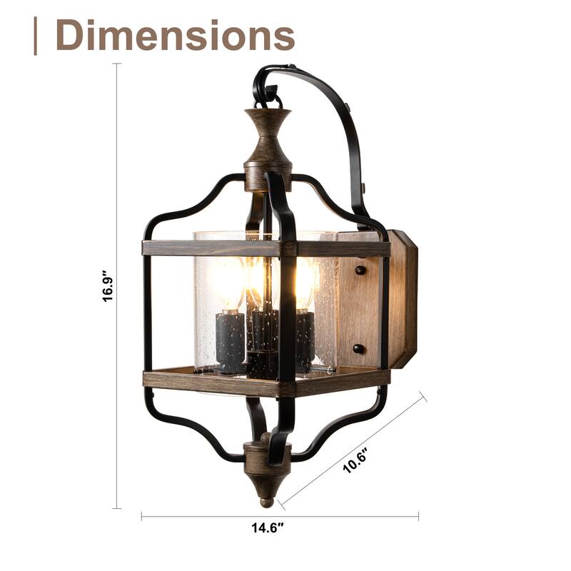CurveCurio 17"Antique Metal Lantern Wall Sconce w/ Wood Accents and Texteured Round Glass Shade-3 Lights Wall Light - 12"*7"*17"
