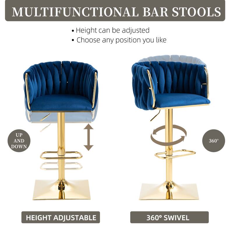 Velvet 360 Swivel Adjustable Height Lifting Vintage Bar Stools(set of 2) with Footrest