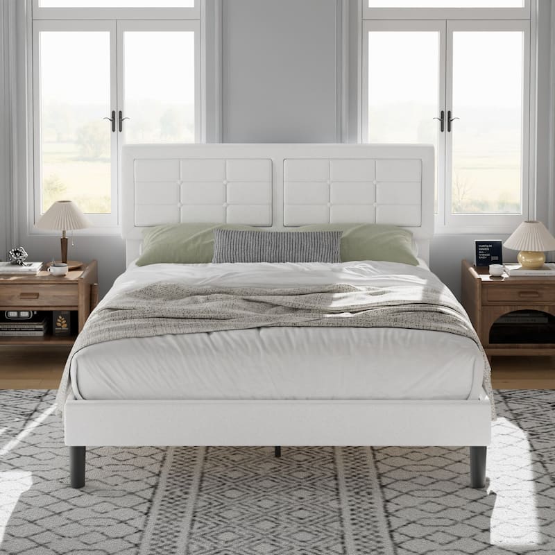 VECELO Bed Frame with Adjustable Headboard Upholstered Button Tufted Platform Bedframe with Wood Slats Support - White - Full
