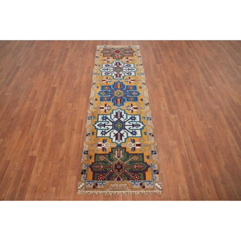 Hand Knotted Oriental 100% Wool Carpet Traditional Geometric Oranges & Rust Kazak Runner Rug - 7' 9'' X 2' 5''