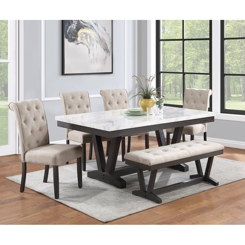 Best Quality Furniture 6 Piece Faux Marble Wrap Table Top Dining Set with Bench - Beige