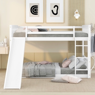 Full over Full Bunk Bed with Slide and Ladder in White Color, Easy Assembly