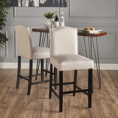 Modern Set of 2 Bar Stools with Leather Cushioned Backrests, Nailhead Trim, Solid Wood Legs for Dining Room Living Room Bar