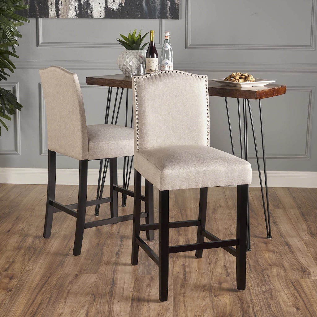 Roomfitters Upholstered Counter Stools with Nailhead Trim and Padded Seat, Set of 2, Beige