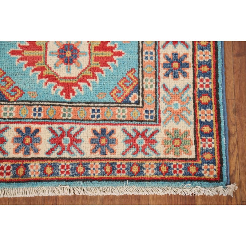 Light Blue Geometric Kazak Oriental Rug Hand-Knotted Wool Carpet - 2'0" x 3'0"