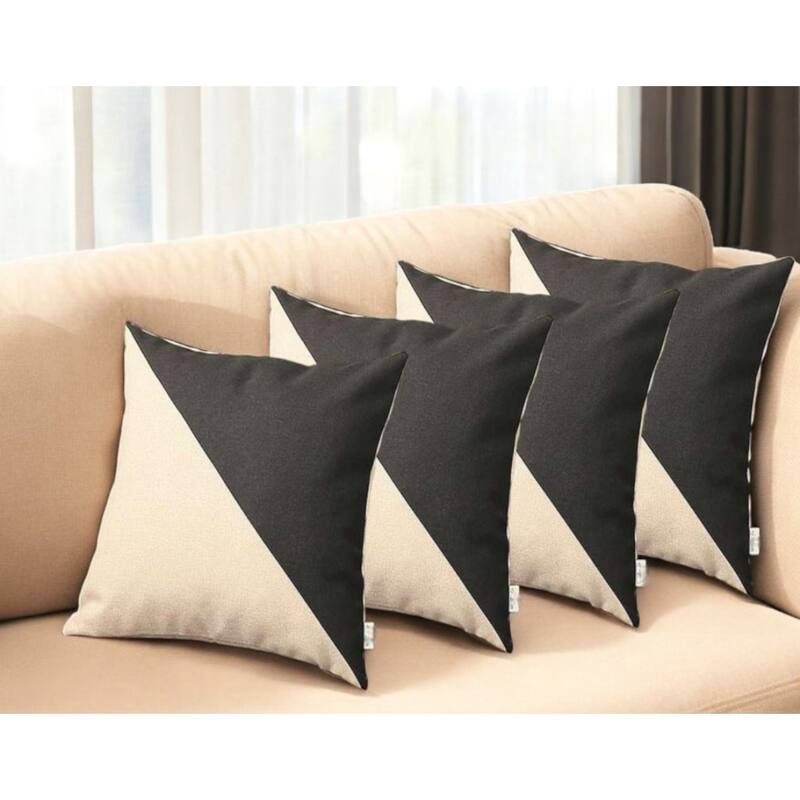 Set of Four 18" Ivory and Black Color Block Fabric Throw Pillows - Black/Ivory