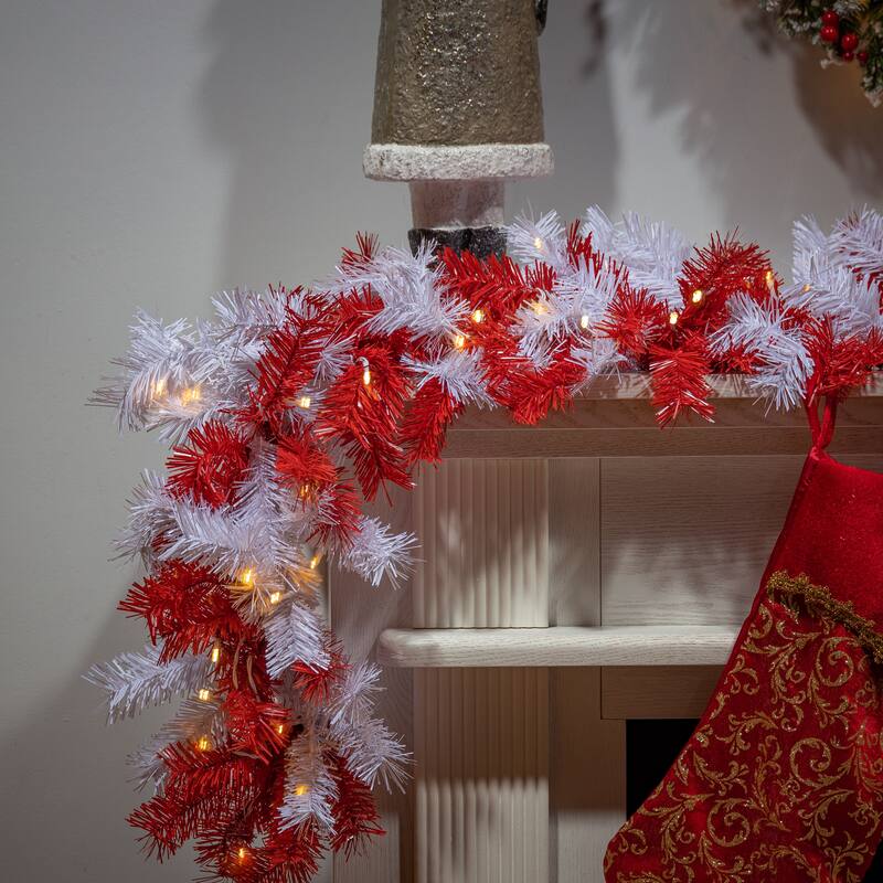 Festive 9 Foot Pre Lit White and Red Garland