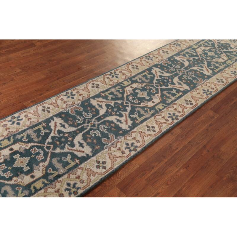 Transitional Blue Oushak Runner Rug Hand-Knotted Wool Carpet - 2'5" x 9'11"