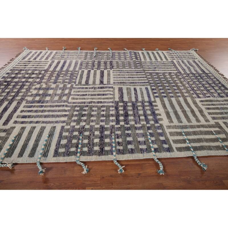 Striped Checkered Moroccan Oriental Area Rug Handmade Wool Carpet - 8'0"x 10'9"