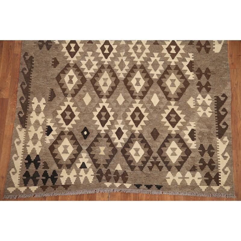 Hand Woven Oriental 100% Wool Carpet Southwestern Geometric Brown Kilim Area Rug - 6' 5'' X 5' 0''