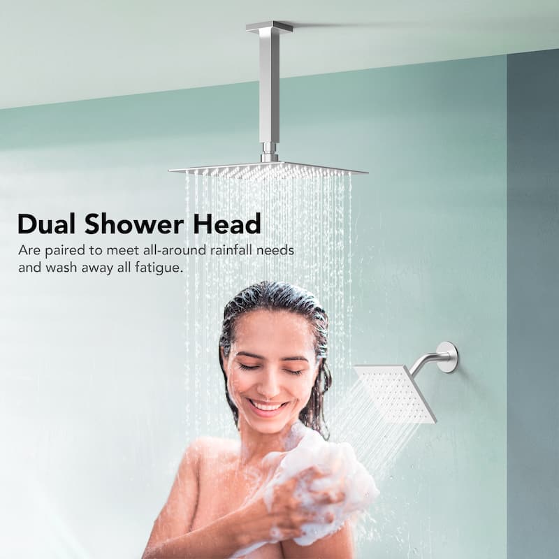 Dual Heads 12" Rainfall Shower head & High Pressure 6" Shower System w/ 3 Way Thermostatic Faucet