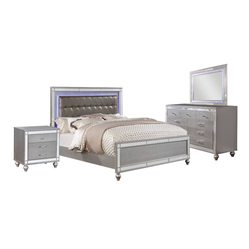 Ishin 4 Piece King Bedroom Set, LED and Mirror Trim, Textured Details, Silver