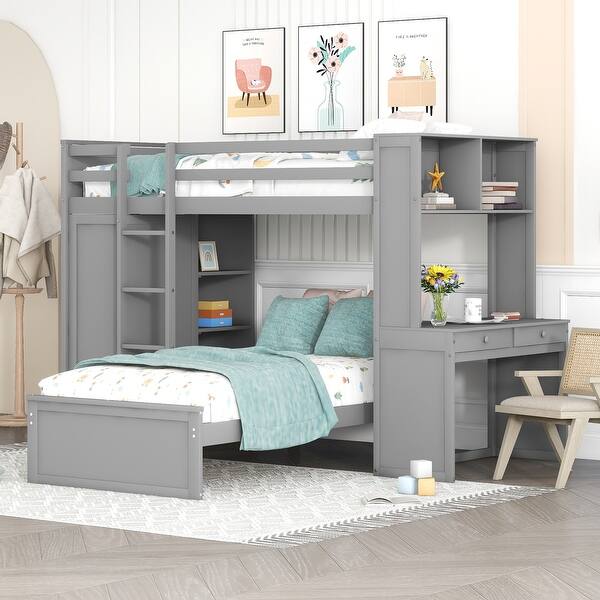 slide 2 of 18, Multifunctional Design Loft Bed with Ladder, Wardrobe, Desk and Bookshelves, Full size, Grey Grey